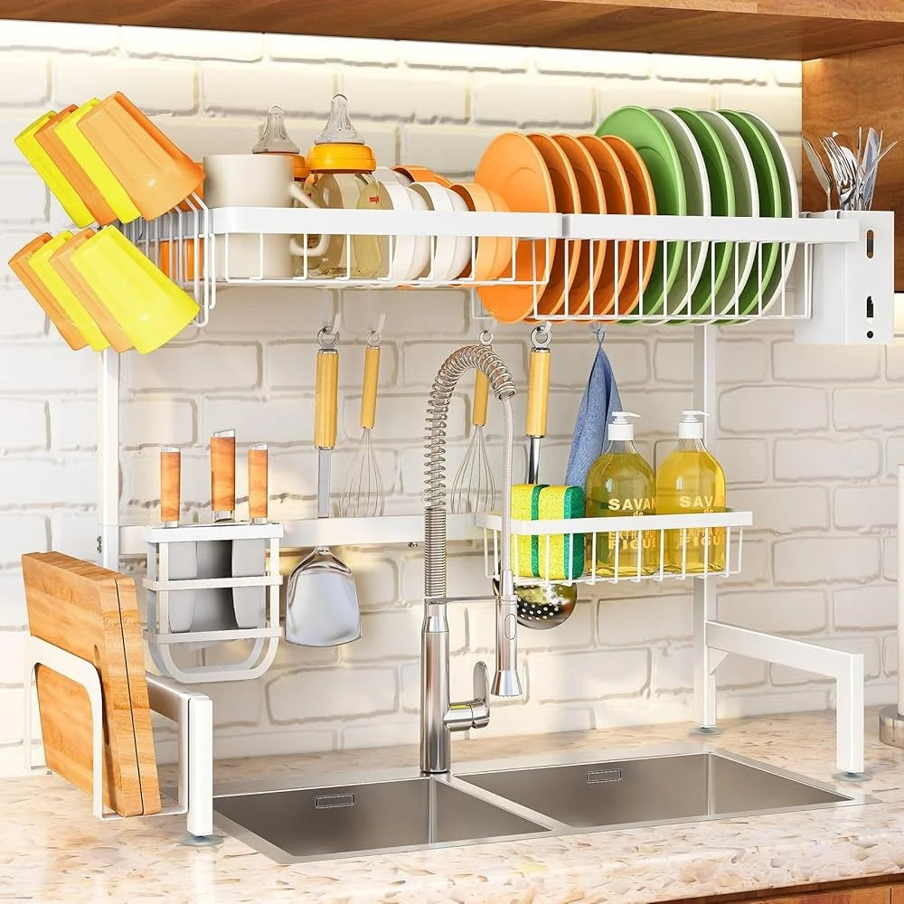 Adjustable Over Sink Dish Drying Rack Large Kitchen Counter Dish Drainer Organizer with Multiple Baskets Space Saving Stainless