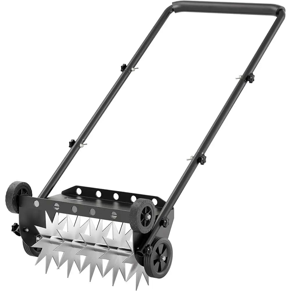 18 Inch Heavy Duty Lawn Aerator Manual Tool with Steel Handle 4 Wheels Spike Aerator Efficient Soil Penetration and Easy Use