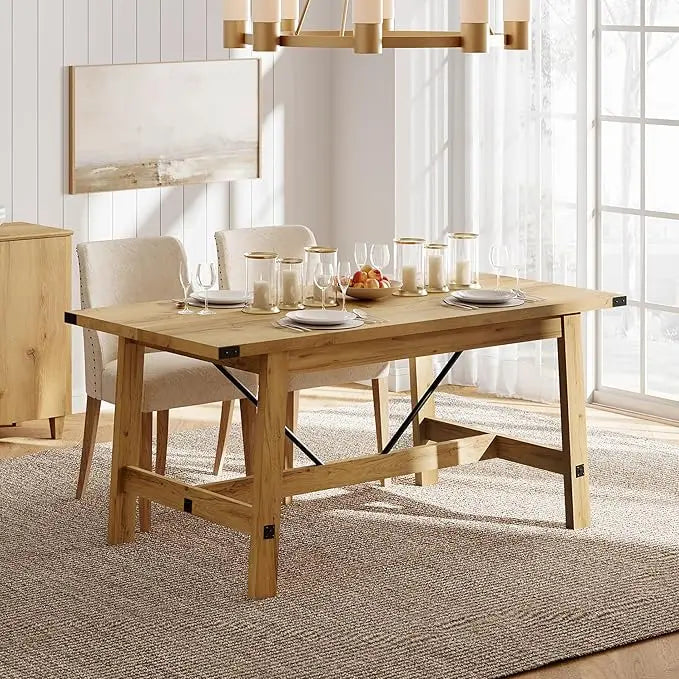 4-6 Person Farmhouse Dining Table with Heavy Duty Wooden Legs