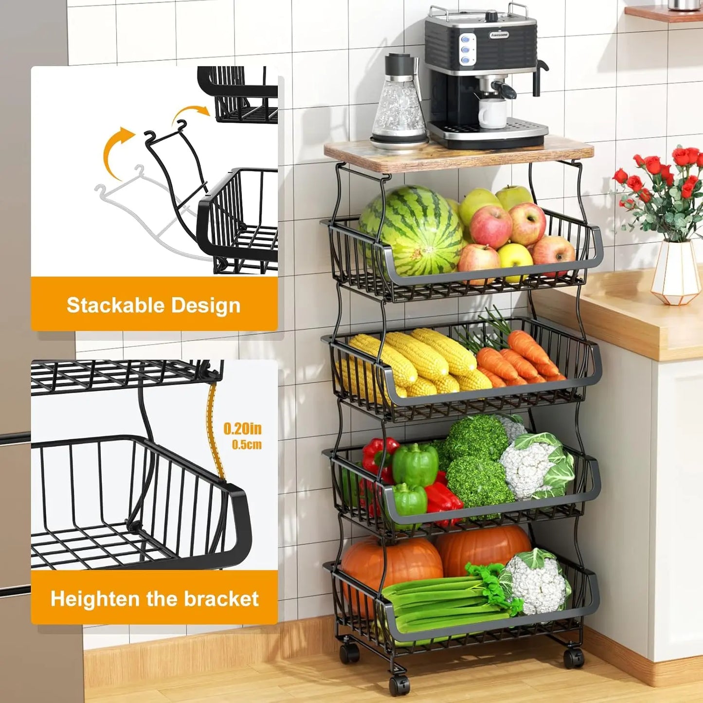 Fruit Vegetable Basket for Kitchen,  Stackable Fruit Vegetable Storage Baskets with Wheels, Metal Wire Storage Basket