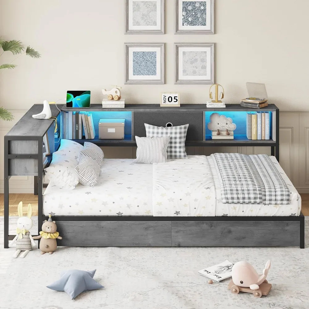 Corner Bed Frame with Bookcase Storage and Led Lights Twin Size Metal Platform Bed Frame with Storage Drawers and Charging