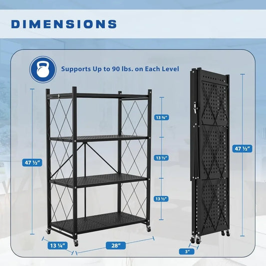 4-Tier Foldable Storage Shelf with Wheels for Kitchen Use