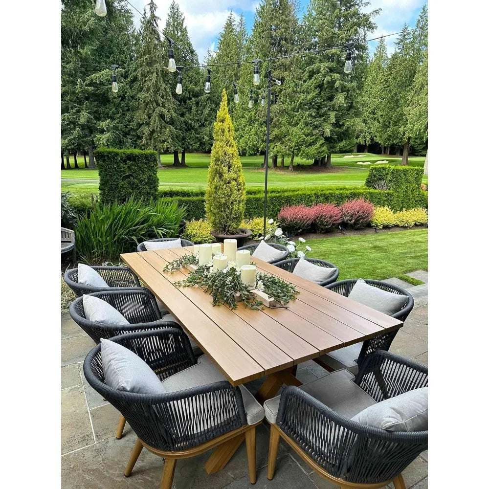 9 Pieces Patio Dining Set , for Garden Deck Teak-Finish Aluminum Frame Backyard Kitchen Set, Wicker Outdoor Furniture Table