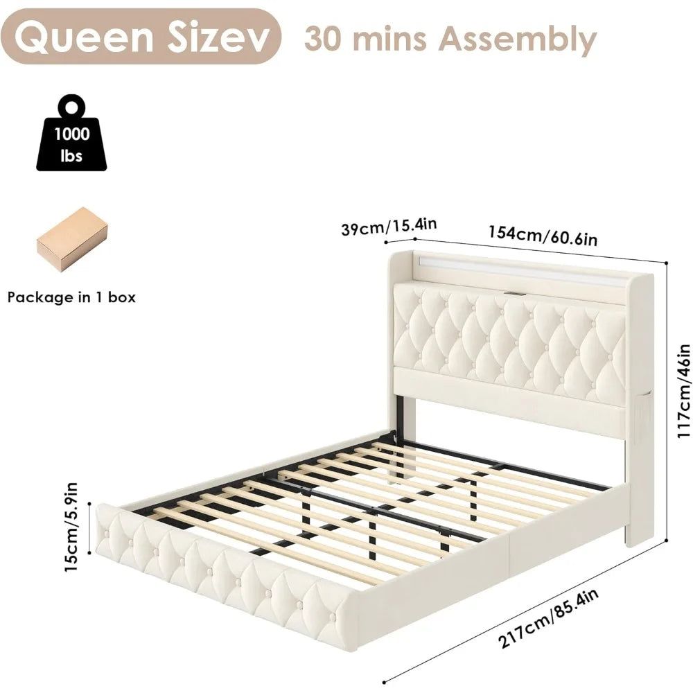 Floating Bed Frame Queen Size Platform with LED Lights