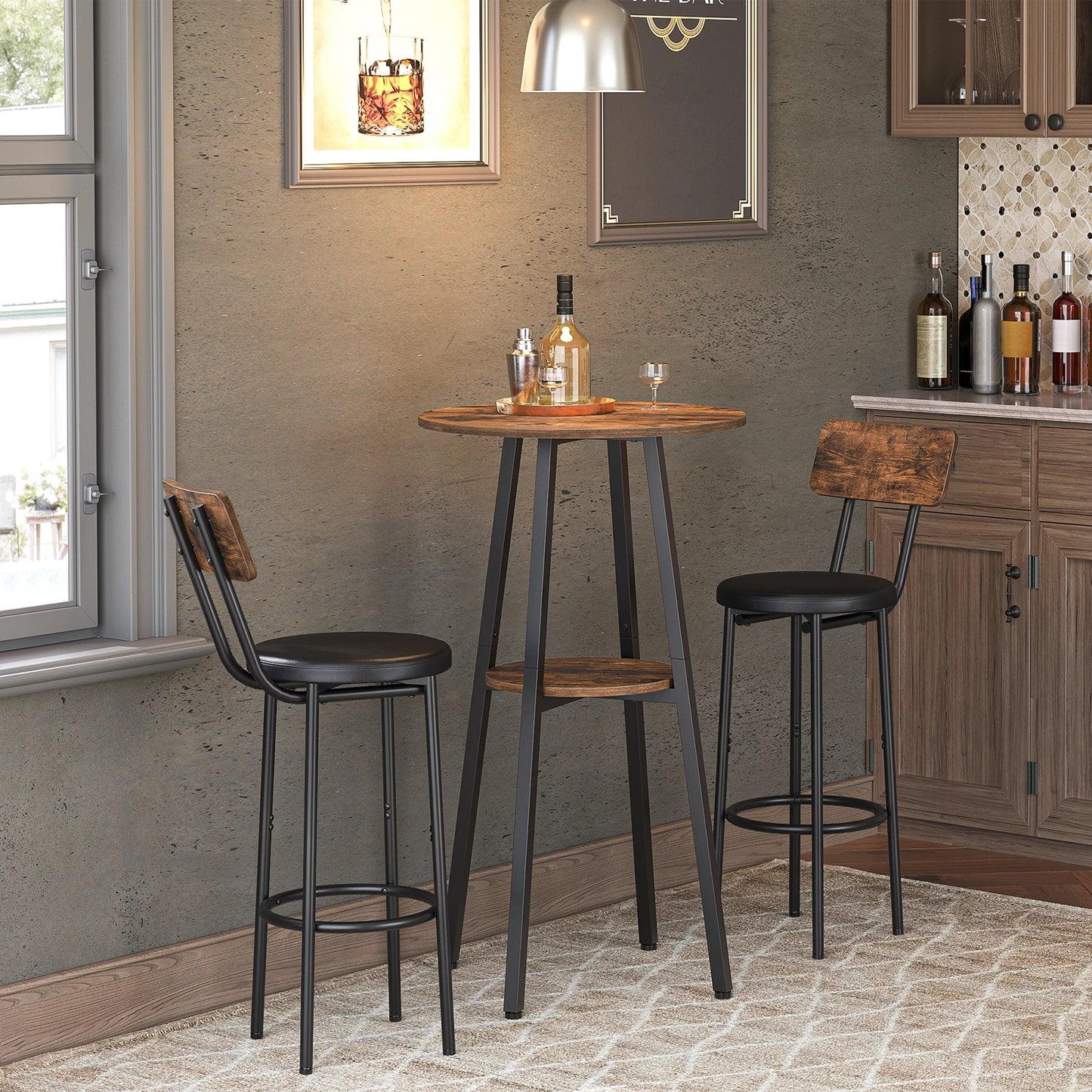 Bar Table, Round Pub Table, 2-Tier Bistro Table with Storage