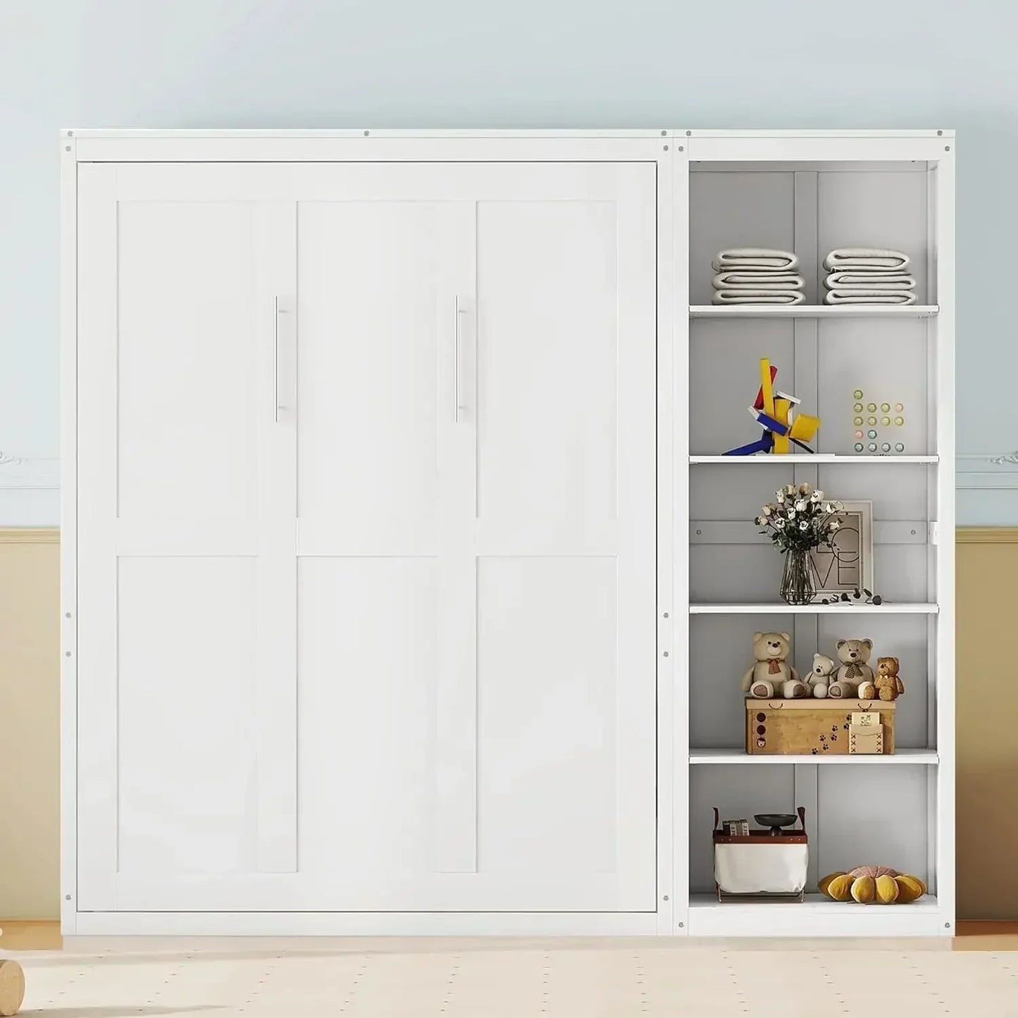 Harper & Bright Designs Queen Size Murphy Bed with Closet, Wall Bed with Drawers and Shelves, Gray