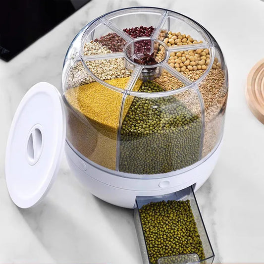 Rice Storage Container Cereal Dispenser 6-grid 360° Rotating Bucket Sealed Tank Grain Box Kitchen Accessories