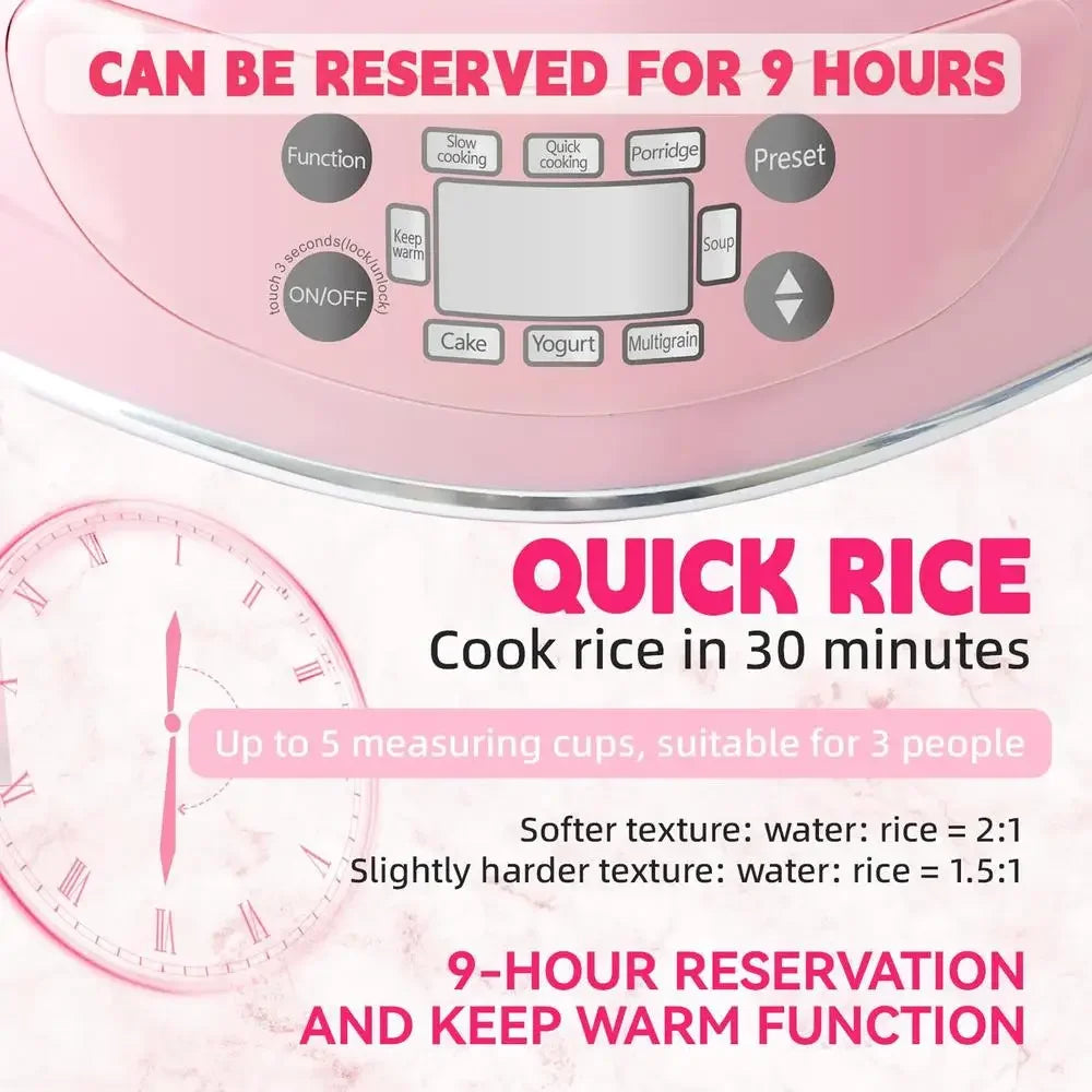 Heart Shape Rice Cooker 8 Cup Cooked 4 Cup Uncooked Multifunctional Kitchen Gadget Timer Porridge Stew Soup Cake Yogurt Steamer
