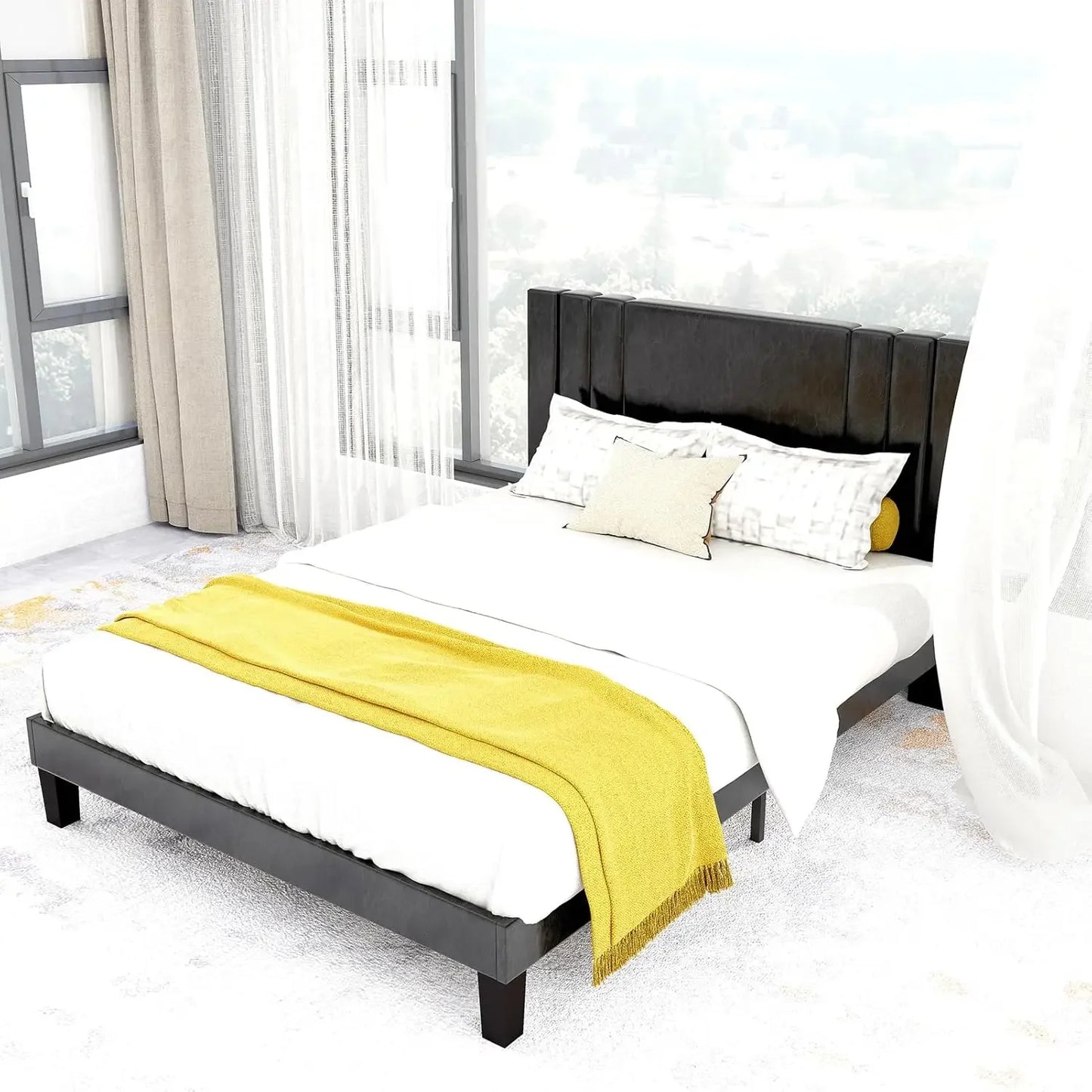 Queen Size Bed Frame, Faux Leather Upholstered Platform with Headboard