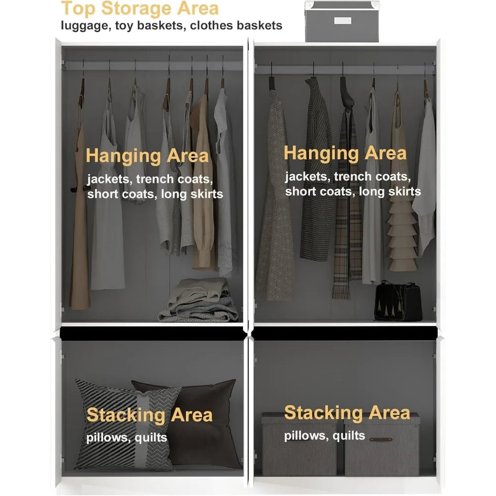 Wardrobe Armoire Closet, Door Wardrobe Cabinet with Hanging Rod and Mirror, Bedroom Large Capacity Freestanding Wood
