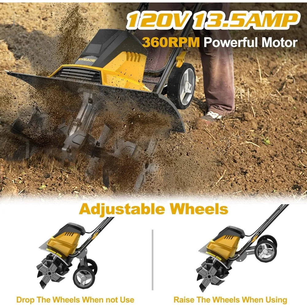 Electric Corded Garden Tiller and Cultivator, 120V 18-Inch 13.5AMP Rototiller Tool, 4'' - 8'' Tilling Depth