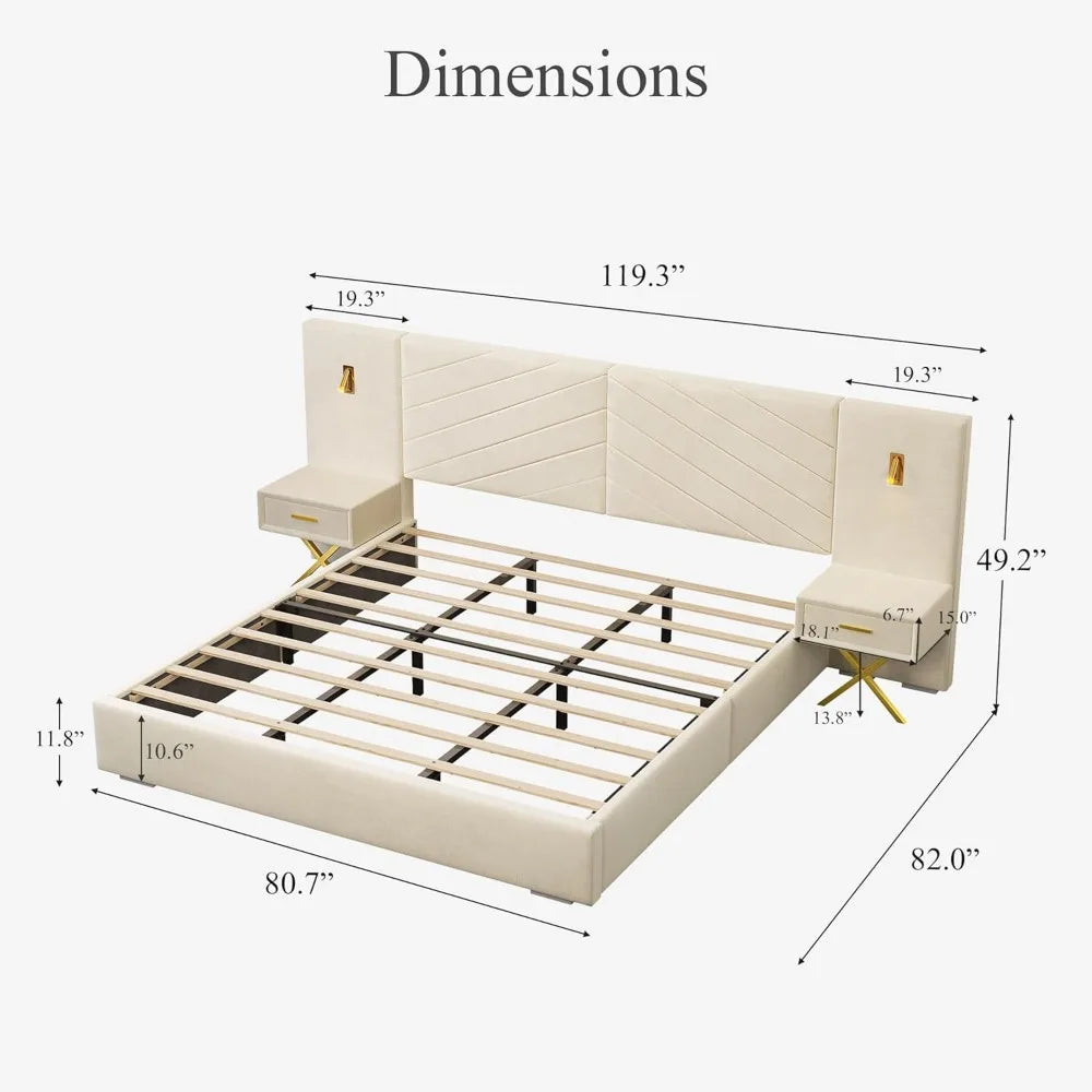 Luxury King Bed Frame with Built-in Gold LED Lights and Nightstands