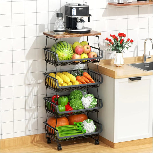 Fruit Vegetable Basket for Kitchen,  Stackable Fruit Vegetable Storage Baskets with Wheels, Metal Wire Storage Basket