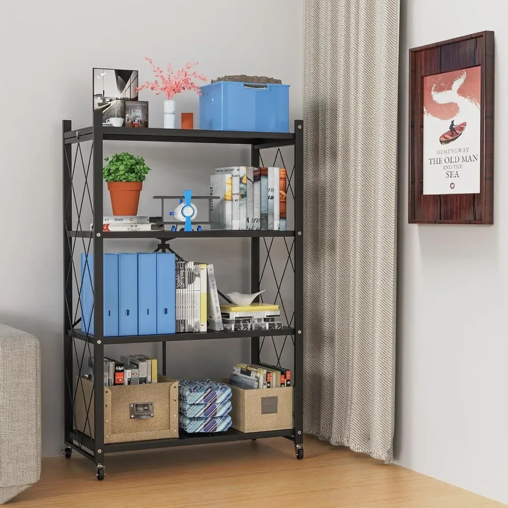 4-Tier Foldable Storage Shelf with Wheels for Kitchen Use