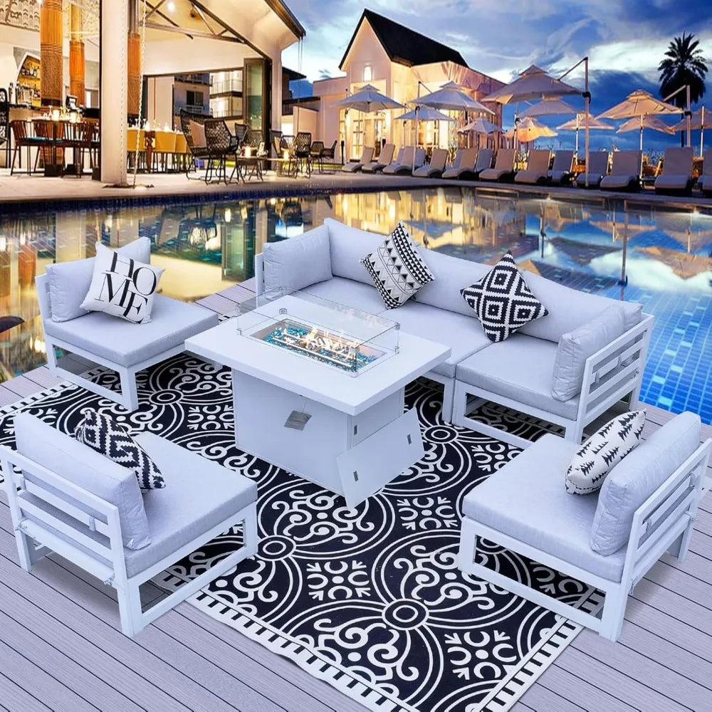 7 Pcs Aluminum Patio Furniture with Fire Pit Conversation Set
