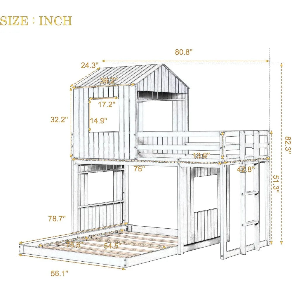 Harper & Bright Designs Twin Over Full Wood Bunk Bed Frame, House Bunk Bed with Roof and Guardrails for Kids, Boys, Girls (White