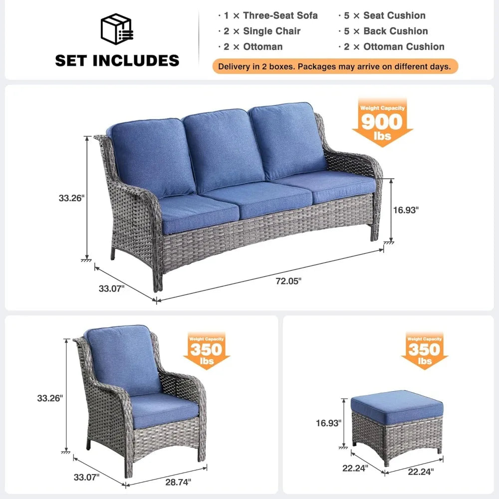 5 Pieces, Outdoor Wicker Couch with Ottomans Comfy Cushions Garden Furniture Sets
