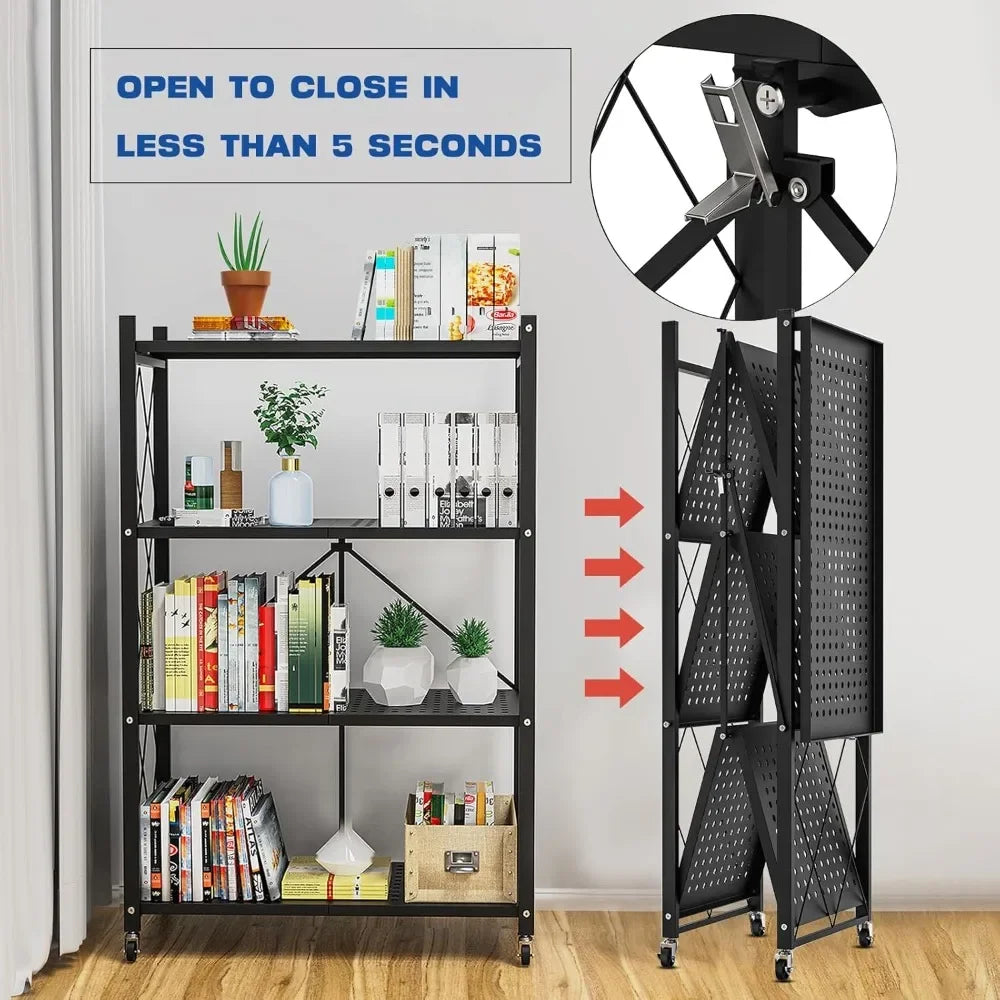 4-Tier Foldable Storage Shelf with Wheels for Kitchen Use