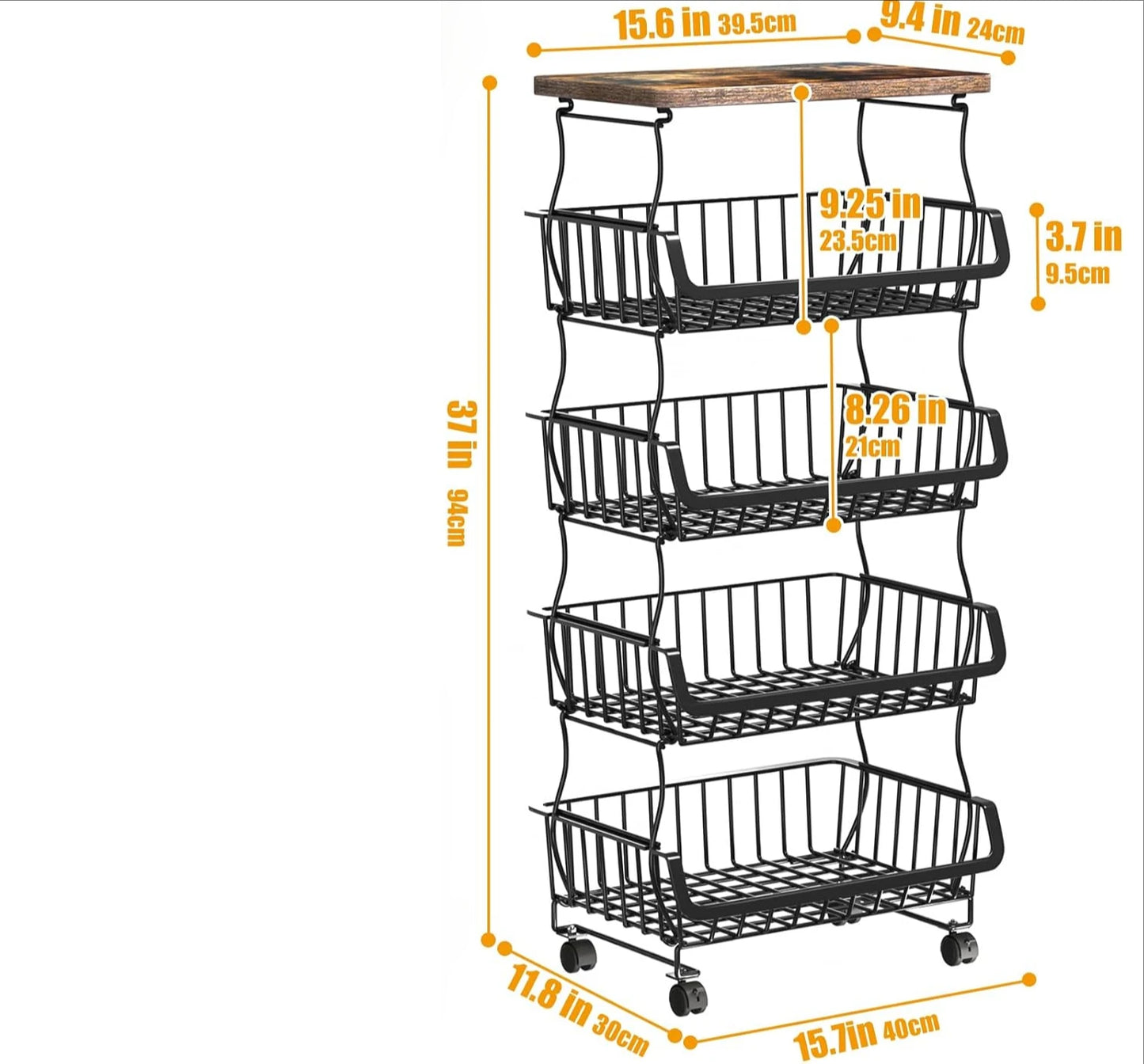 Fruit Vegetable Basket for Kitchen,  Stackable Fruit Vegetable Storage Baskets with Wheels, Metal Wire Storage Basket
