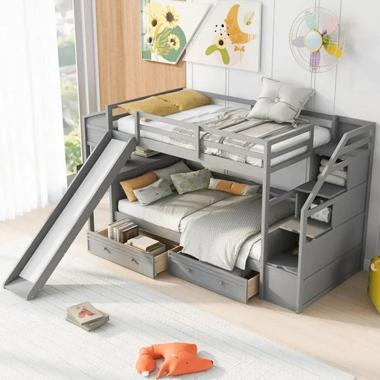 Bunk Bed with Desk, Stairs and Slide, Wood Twin Over Twin Bunk Beds with Storage Shelves, Bunk Bed Twin with Drawers
