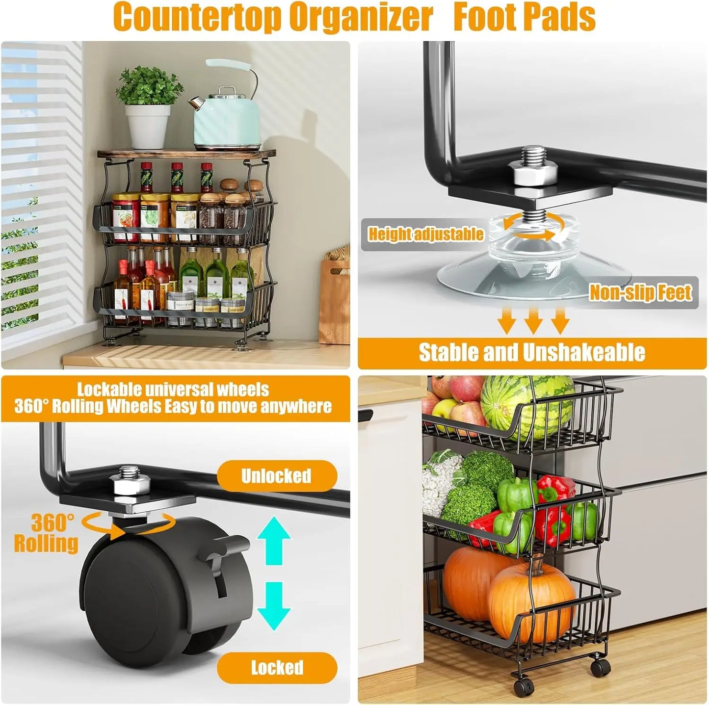 Fruit Vegetable Basket for Kitchen,  Stackable Fruit Vegetable Storage Baskets with Wheels, Metal Wire Storage Basket