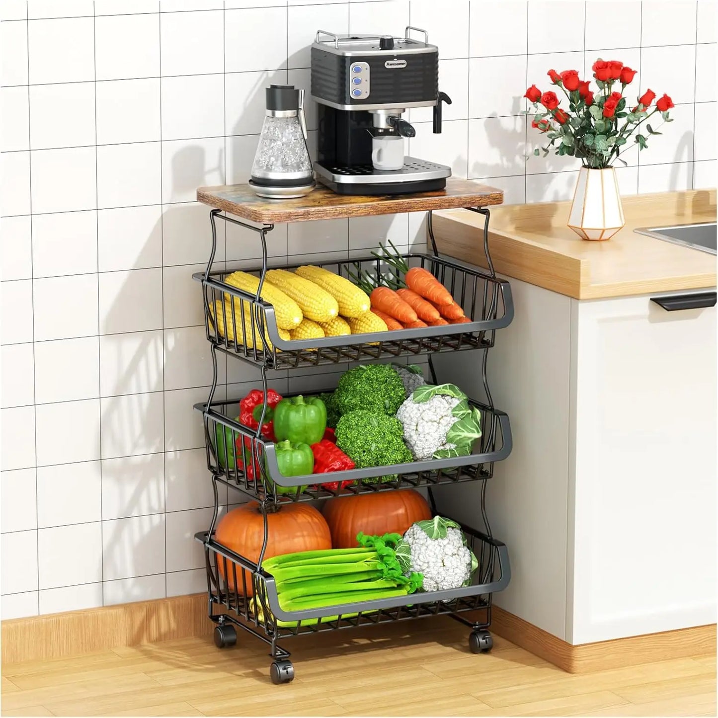 Fruit Vegetable Basket for Kitchen,  Stackable Fruit Vegetable Storage Baskets with Wheels, Metal Wire Storage Basket