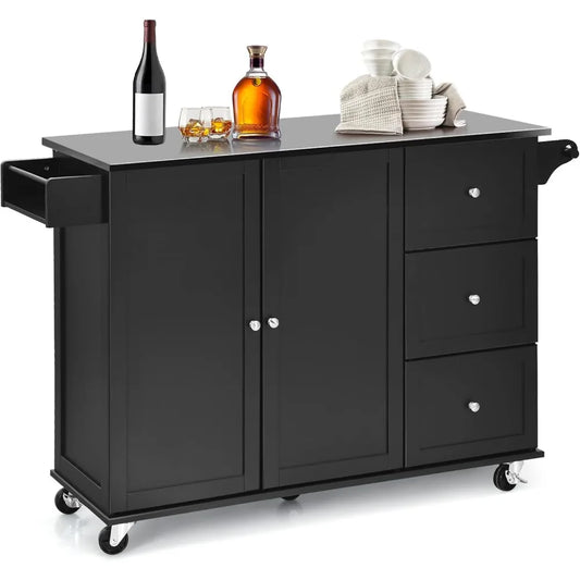 Kitchen Island with Stainless Steel Top, Rolling Kitchen Trolley Cart