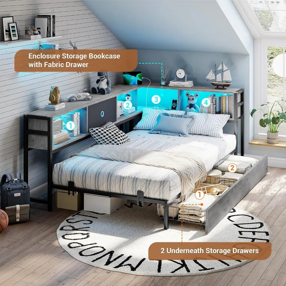 Corner Bed Frame with Storage Bookcase, Storage Drawers Underneath