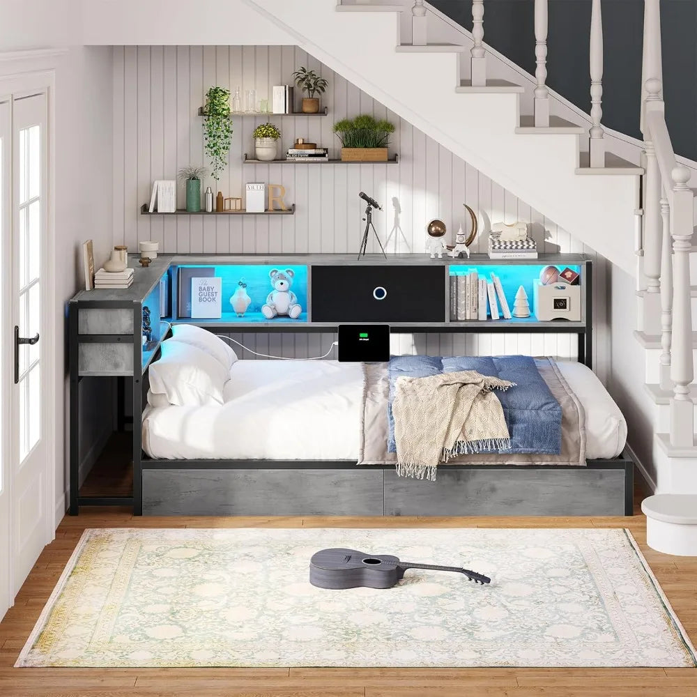 Corner Bed Frame with Storage Bookcase, Storage Drawers Underneath