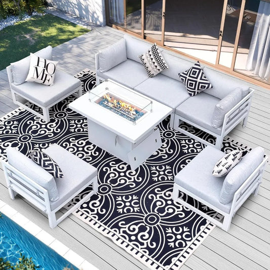 7 Pcs Aluminum Patio Furniture with Fire Pit Conversation Set