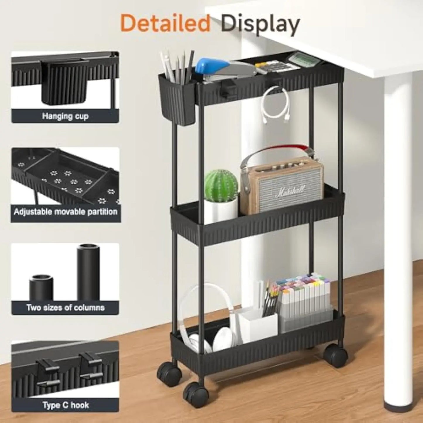 2-Pack Slim Storage Rolling Cart with Wheels  3 Tier Utility Carts
