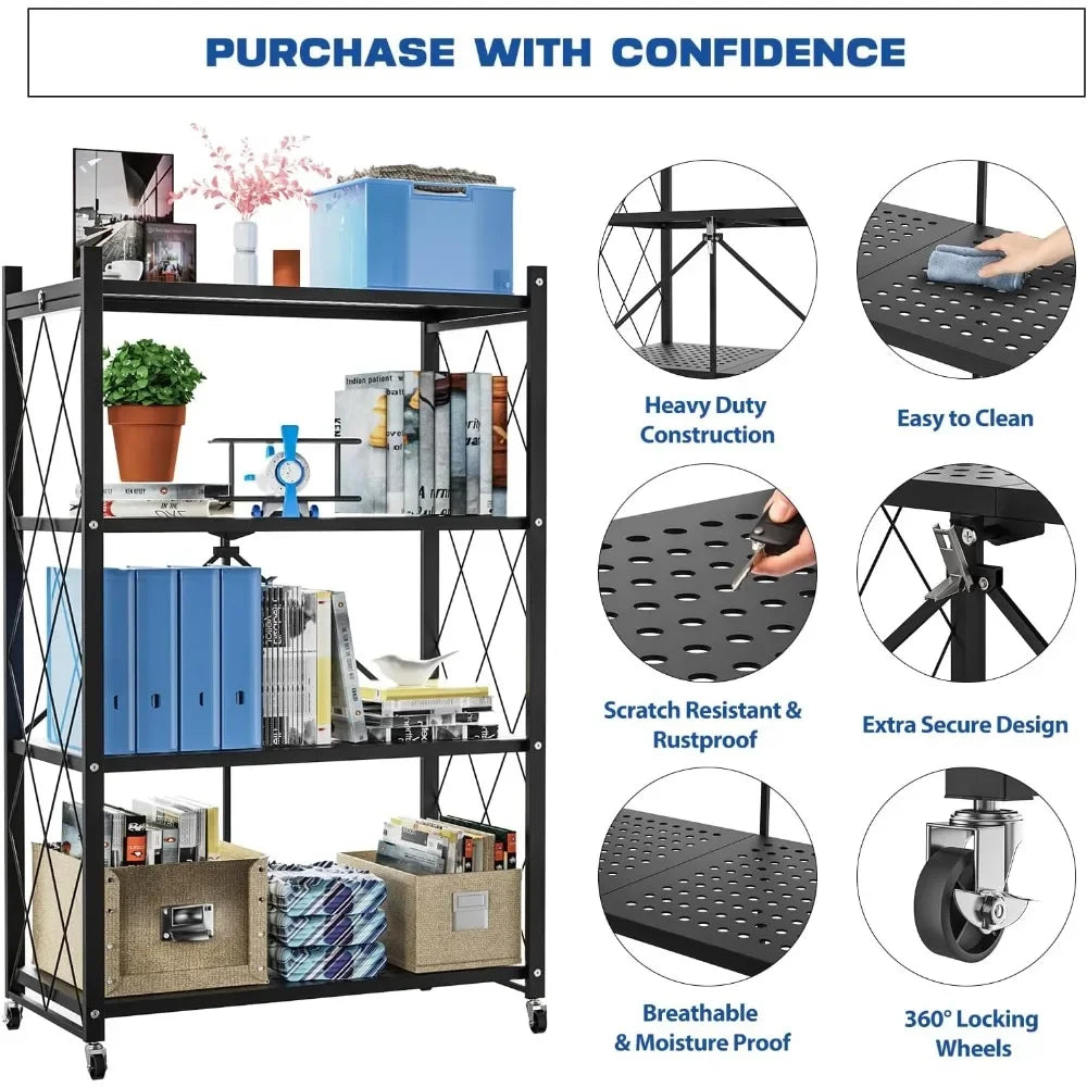 4-Tier Foldable Storage Shelf with Wheels for Kitchen Use