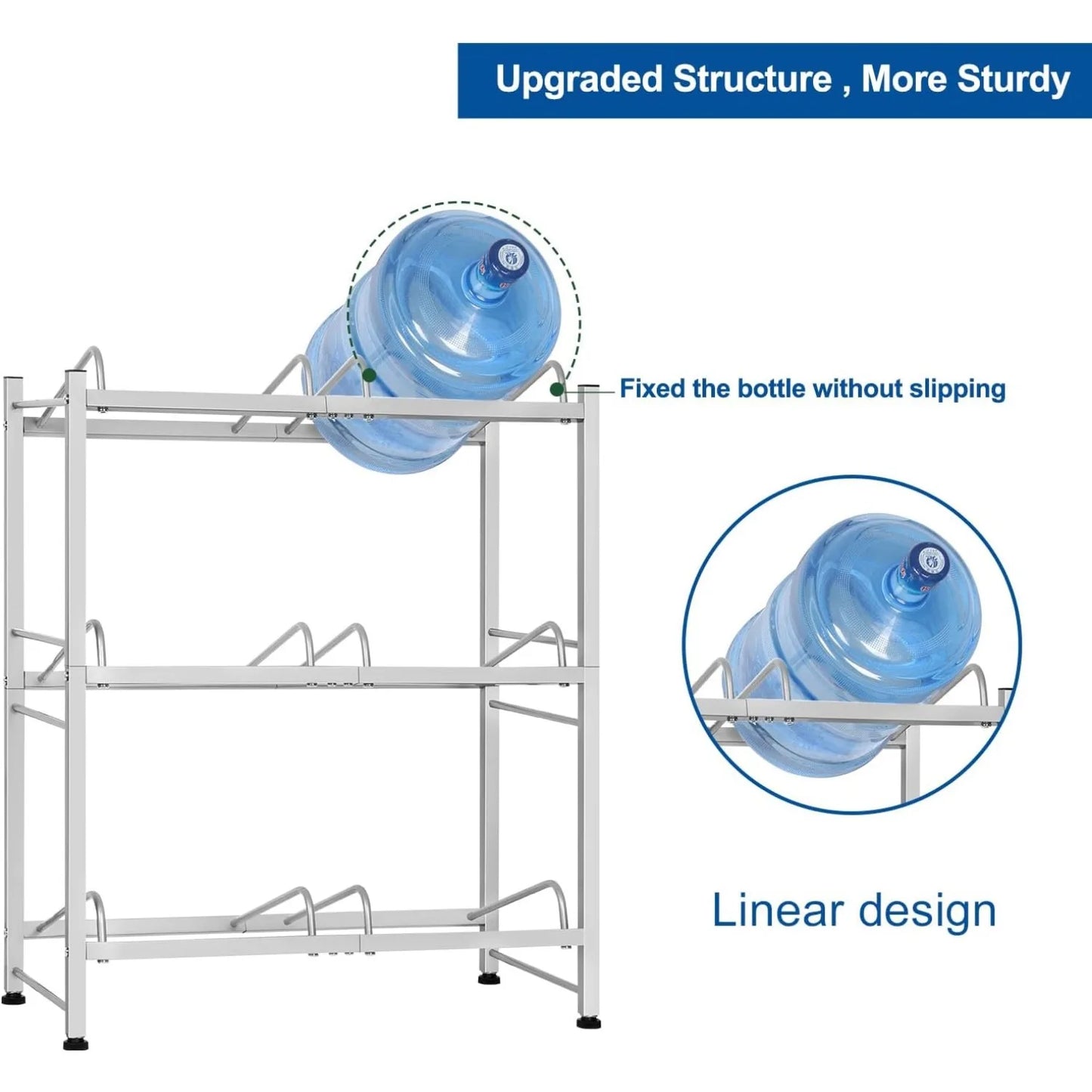 5 Gallon Water Bottle Rack | Heavy Duty 3-Tier Storage Stand, Space-Saving Corner Holder for 6 Jugs - Kitchen/Office(Silver)