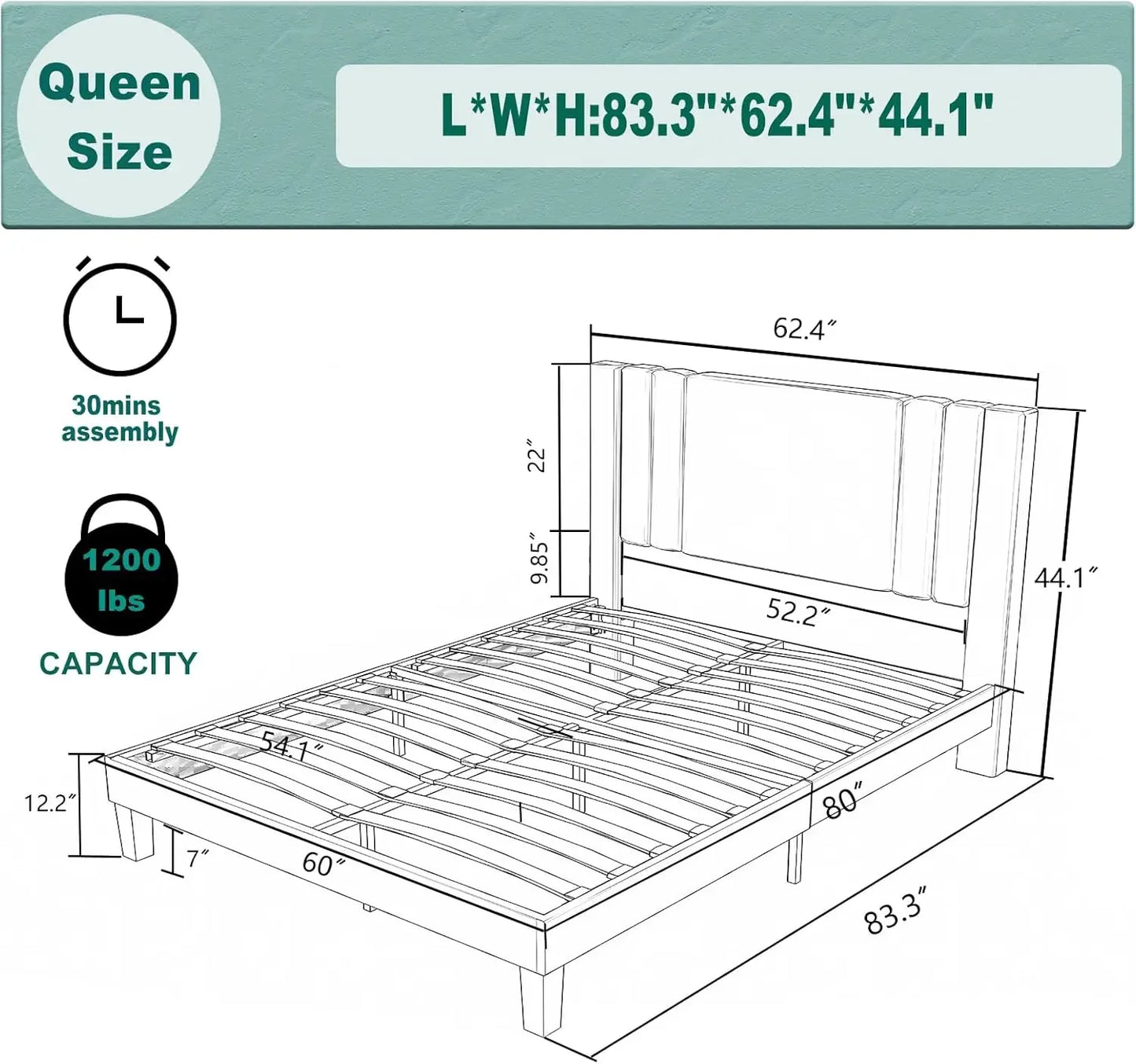 Queen Size Bed Frame, Faux Leather Upholstered Platform with Headboard