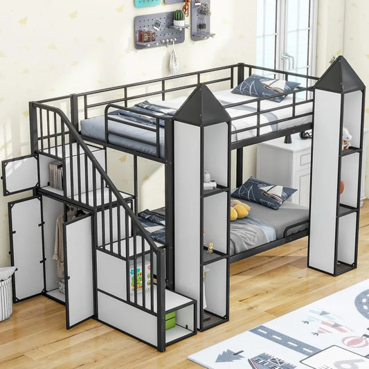 Harper & Bright Designs Twin Over Twin Metal Bunk Bed with Stairs and Storage Wardrobe, Castle-Shaped Bunk Bed Heavy-Duty Steel