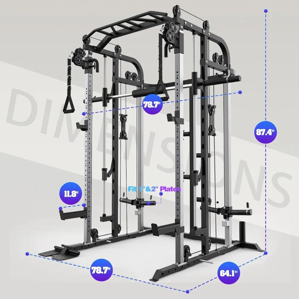 Multifunctional Power Cage Rack with Smith Bar and Cable Pulley System