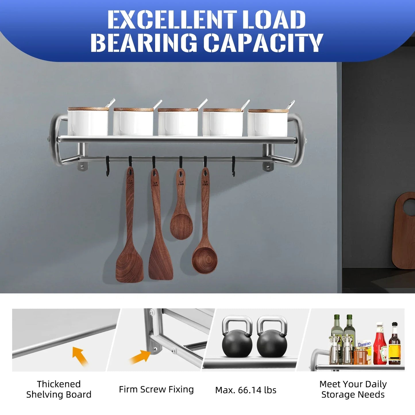 Stainless Steel Microwave Oven Wall Mount Shelf with 6 Hooks,Kitchen Organizer Storage Rack Holder, Home Organization Tools