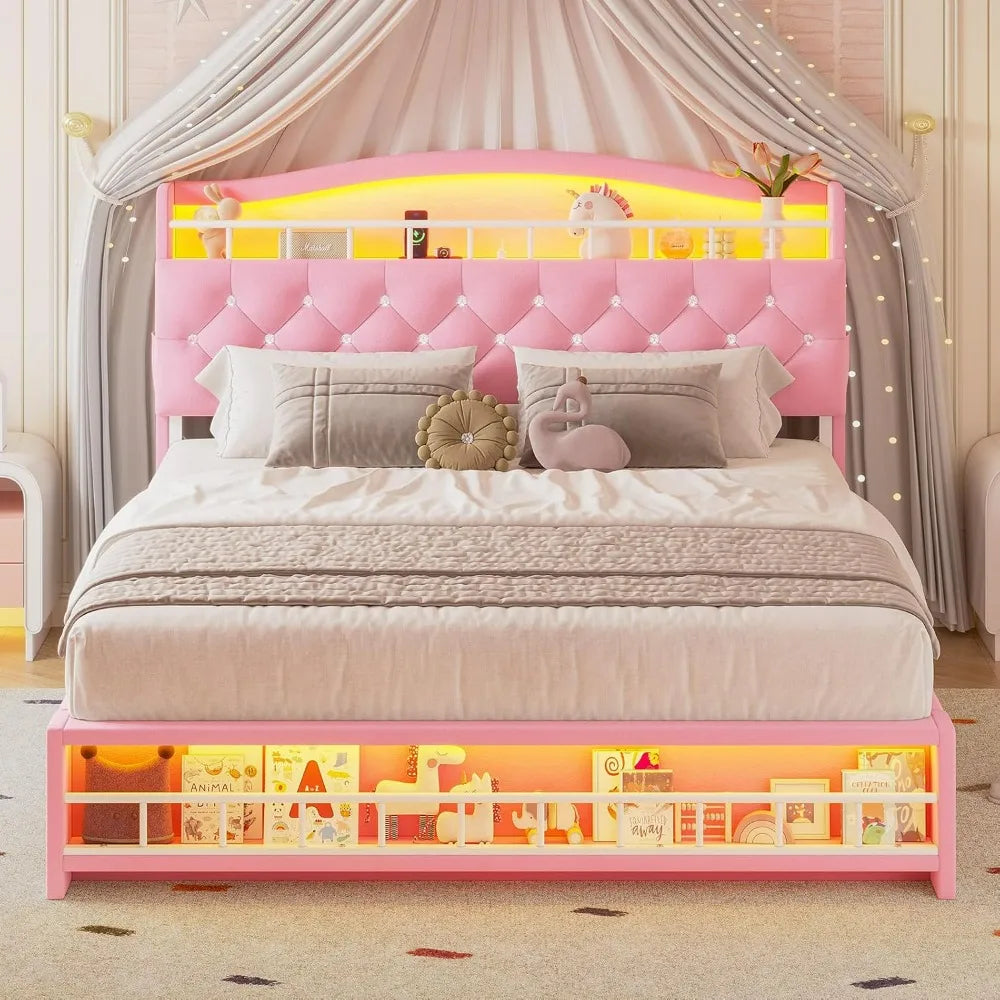 Queen Bed Frame with LED Lights, Princess Velvet Upholstered Platform Bed for Girls
