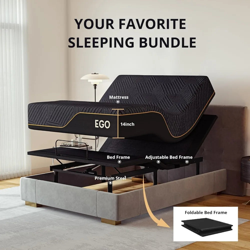 Adjustable Bed Frame King and 14 Inch Copper Gel Memory Foam Mattress Set, Metal Foldable Bed with Remote, Adjustable Bed Frame