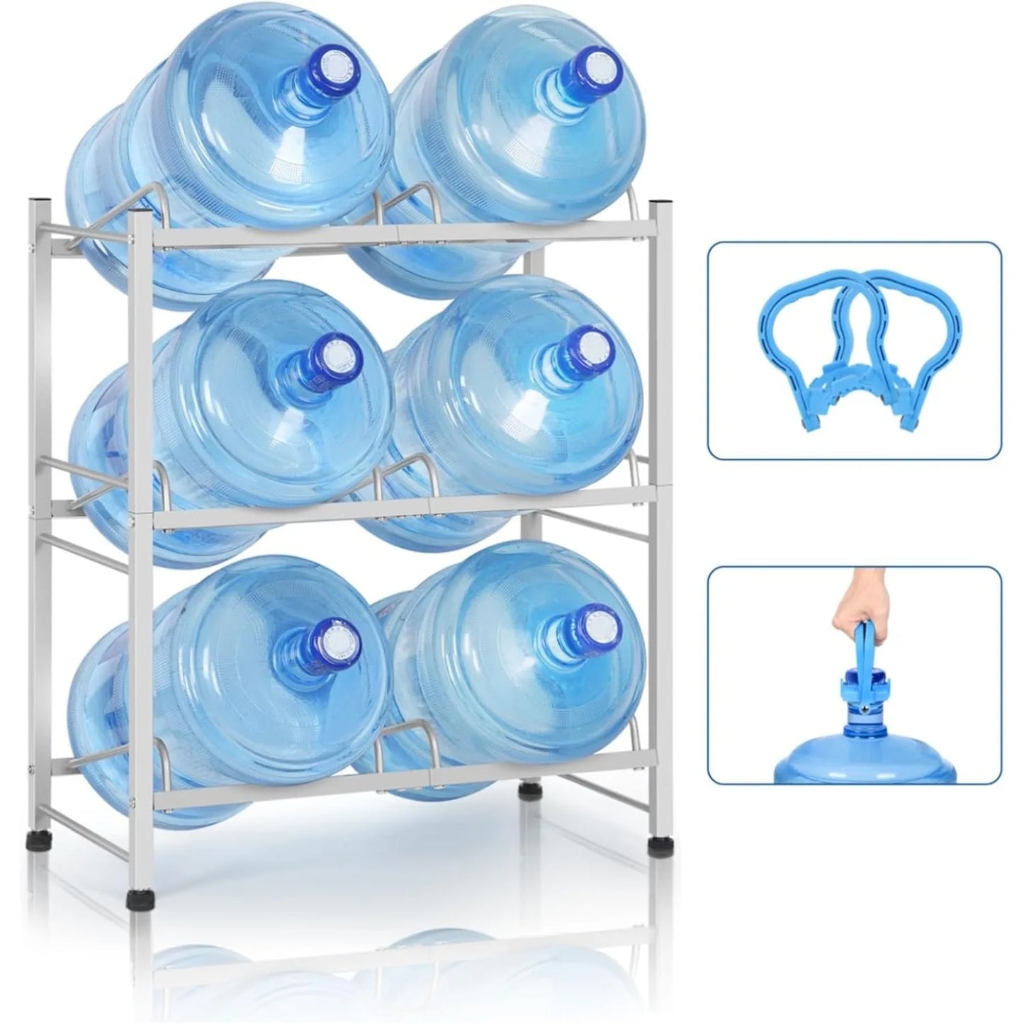 5 Gallon Water Bottle Rack | Heavy Duty 3-Tier Storage Stand, Space-Saving Corner Holder for 6 Jugs - Kitchen/Office(Silver)