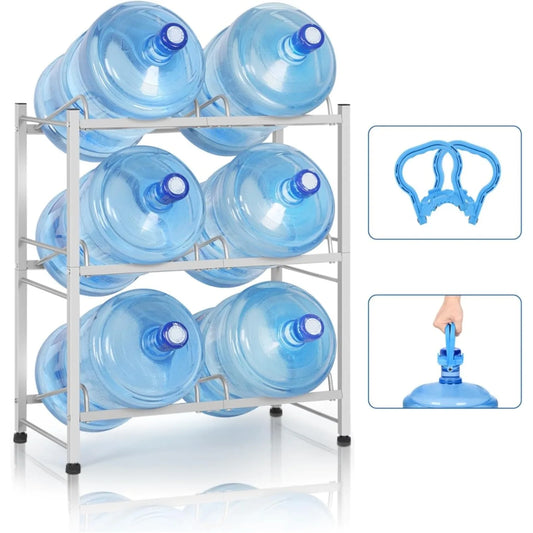 5 Gallon Water Bottle Rack | Heavy Duty 3-Tier Storage Stand, Space-Saving Corner Holder for 6 Jugs - Kitchen/Office(Silver)