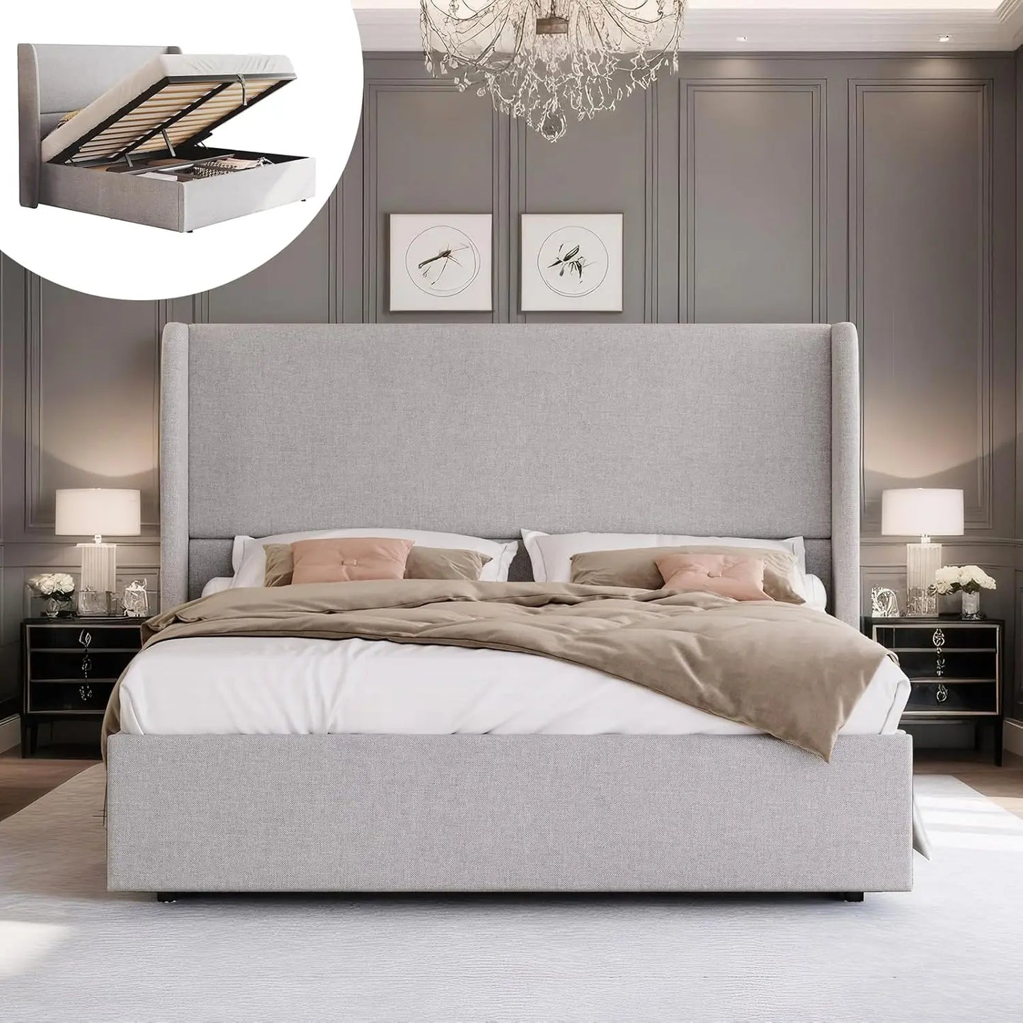 Lift Up Storage Bed Upholstered Platform Bed Frame