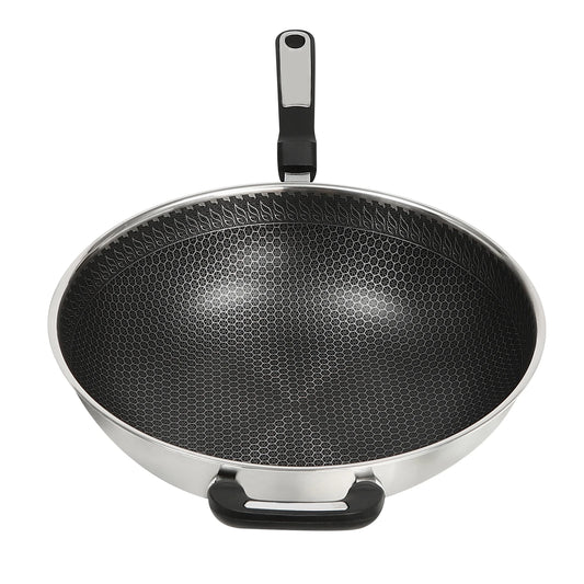 kitchen accessories，wok，32cm Stainless Steel Wok with Honeycomb Coating, Steamer Rack, Lid & Stainless Steel Spatula