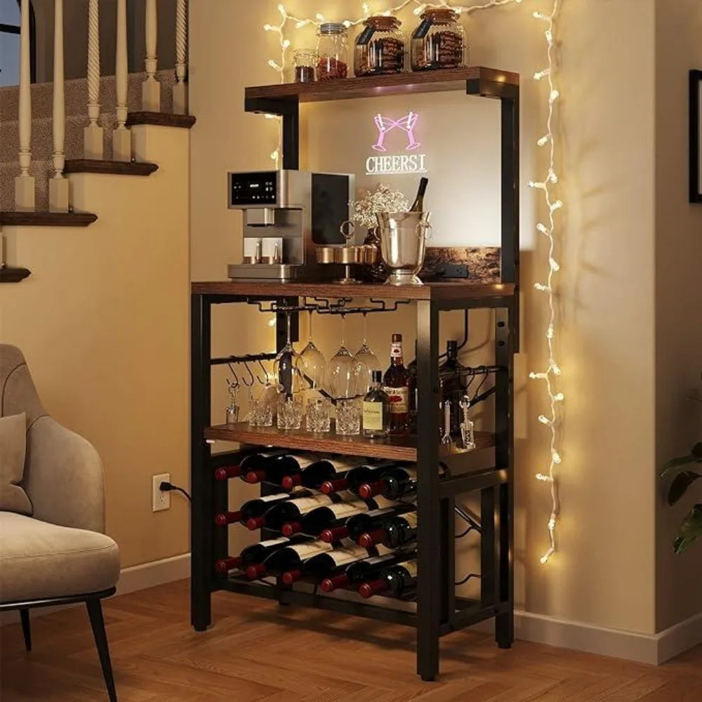 Small Kitchen Microwave Bakers Stand Wine Rack, Wine Rack,Coffee Bar Storage with Power Outlet for Liquor Thicken Shelf Room
