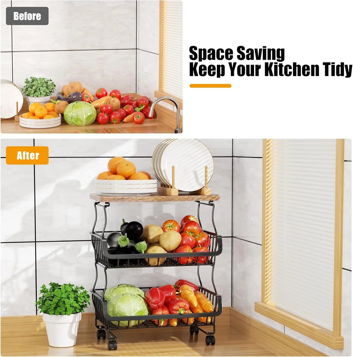 Fruit Vegetable Basket for Kitchen,  Stackable Fruit Vegetable Storage Baskets with Wheels, Metal Wire Storage Basket