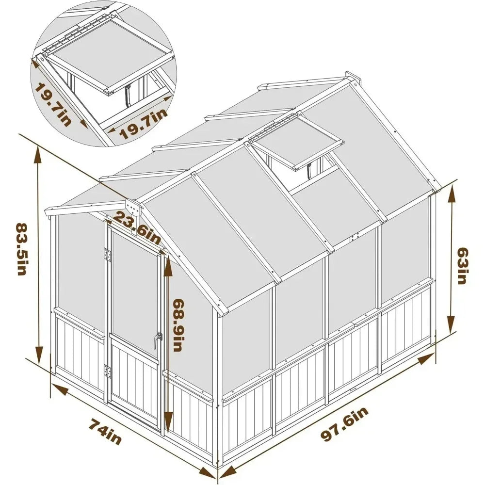 6 X 8 Ft Wooden Polycarbonate Greenhouse with Ventilated Window and Lockable Door
