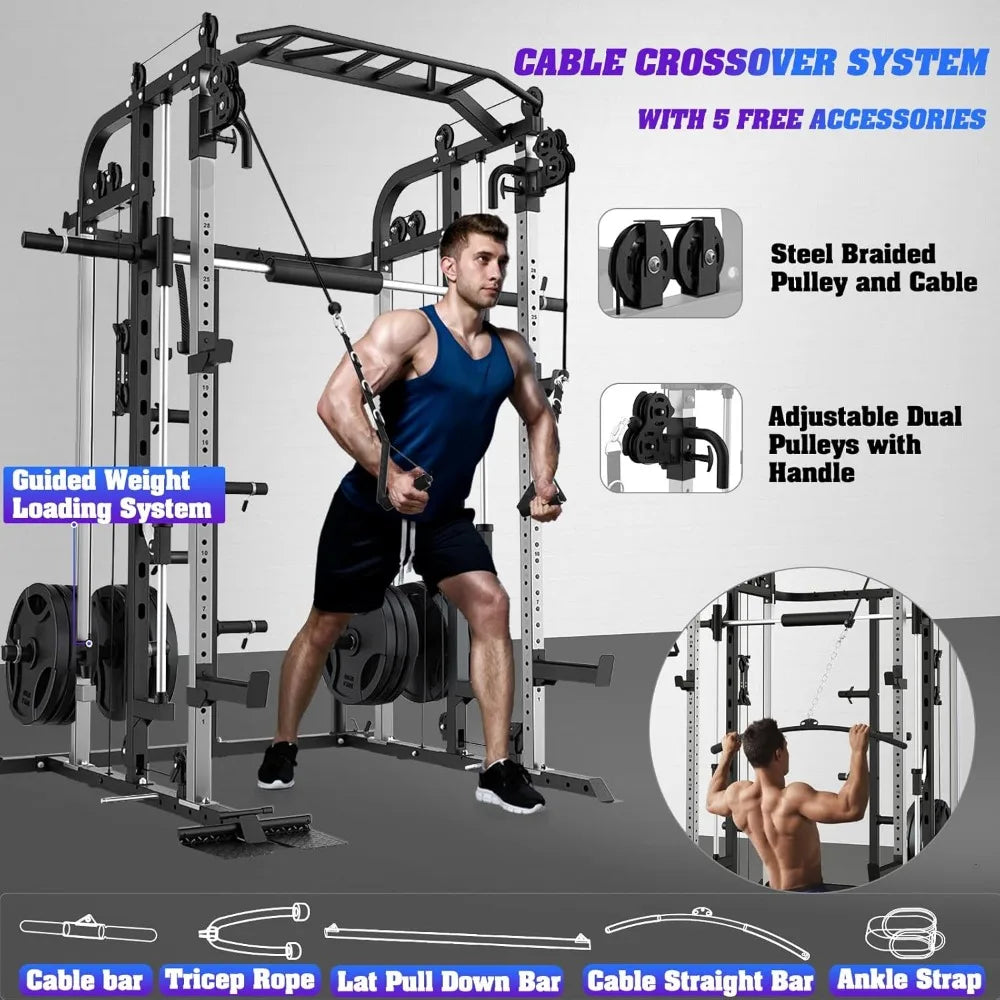 Multifunctional Power Cage Rack with Smith Bar and Cable Pulley System