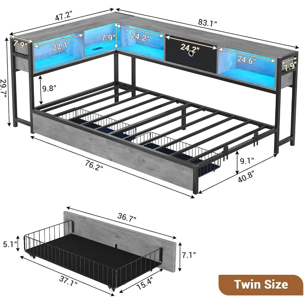 Corner Bed Frame with Storage Bookcase, Storage Drawers Underneath