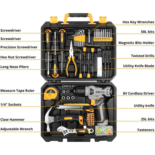 Tool Set:Tool Kit with 8V Cordless Drill,Tool Box with Drill,Hand Drill Set,Home Tool Kits for House Repair,Handyman, 126 Piece