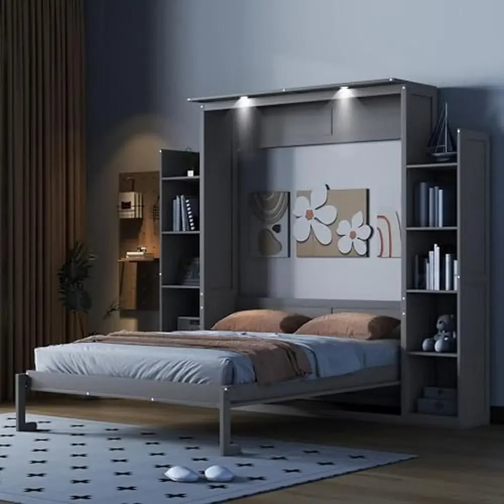 Gray Queen Murphy Cabinet Bed with Storage Shelves & LED Lights